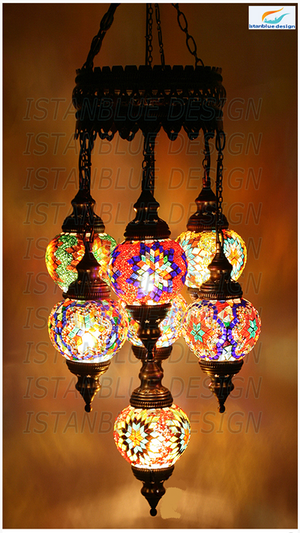 Turkish Handmade Mosaic 7 Globe Sultan Chandelier - Cikek