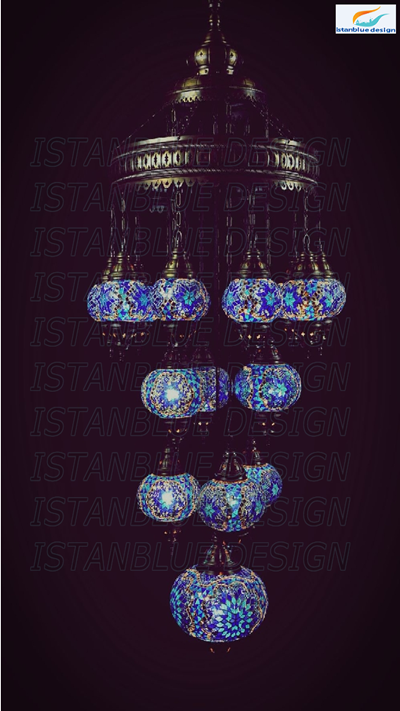 Tiered Waterfall - 16 Globe chandelier - Sapphire