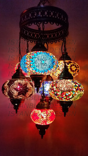 Turkish Handmade Mosaic 7 Globe Chandelier - Classic