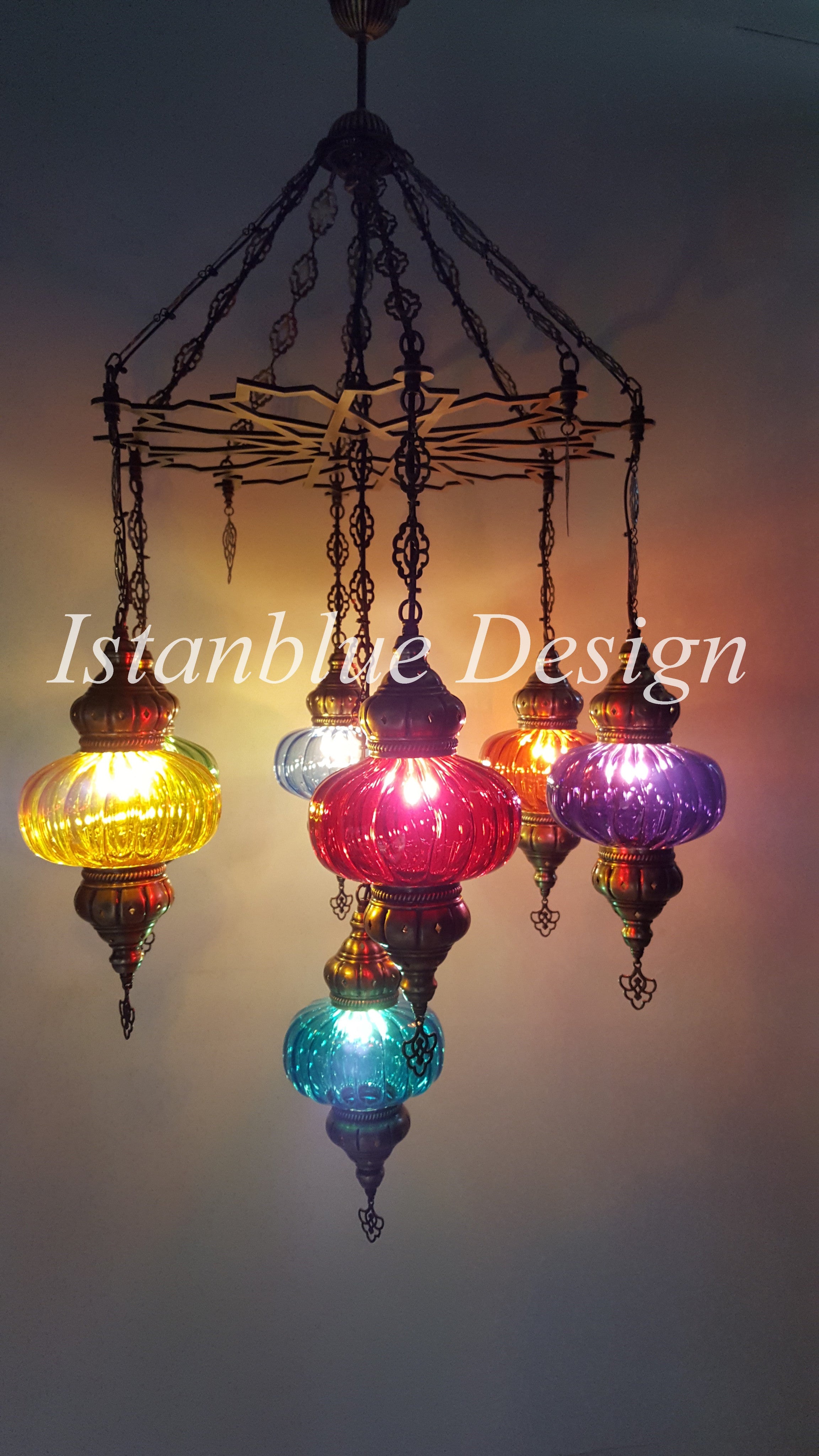 Ottoman Turkish Lazer Cut Chandelier 7 Globe Large Multı-Color