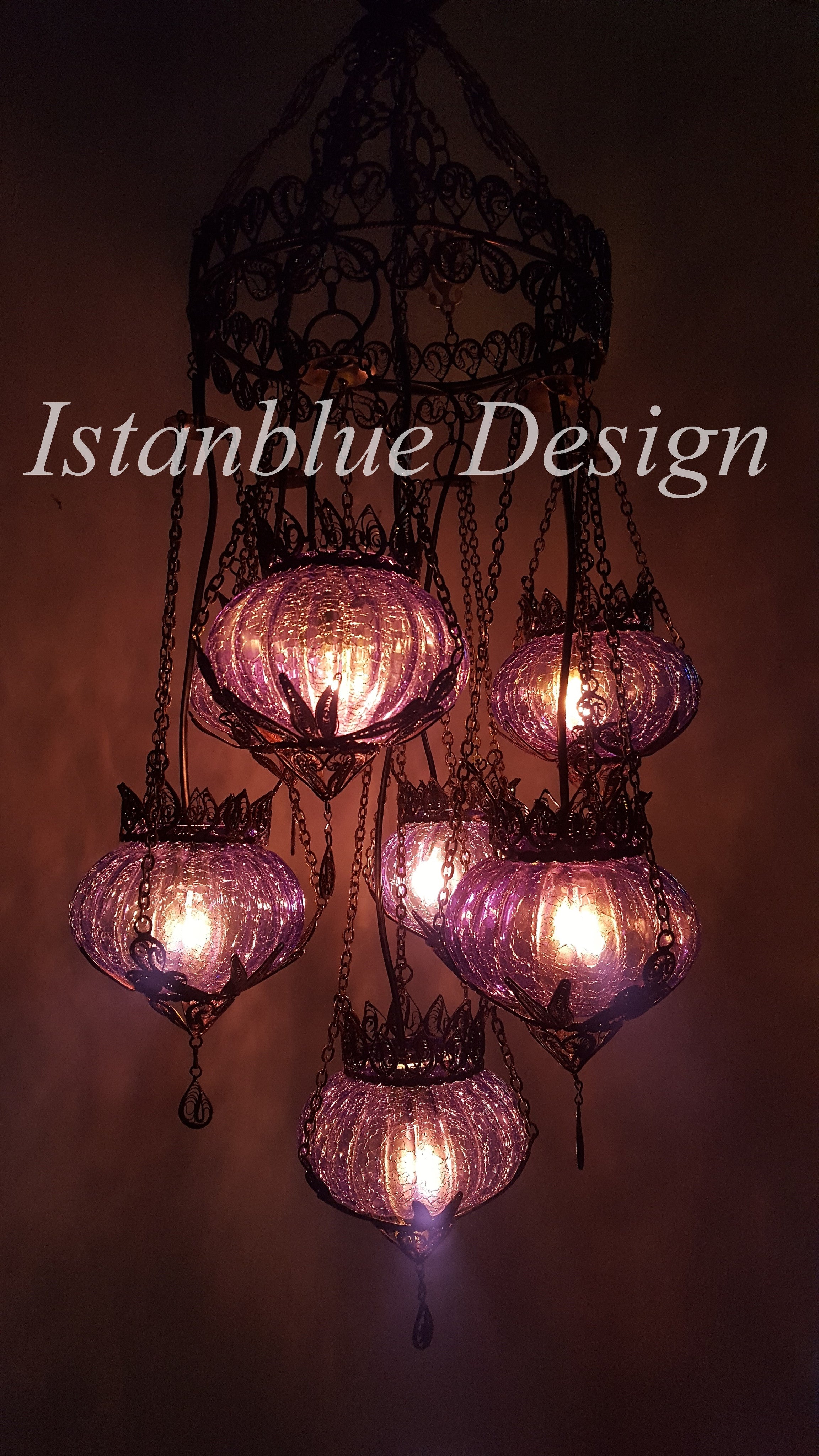 ROYAL POM  FILIGREE & BLOWN Glass Turkish Handmade 7 Globe Chandelier