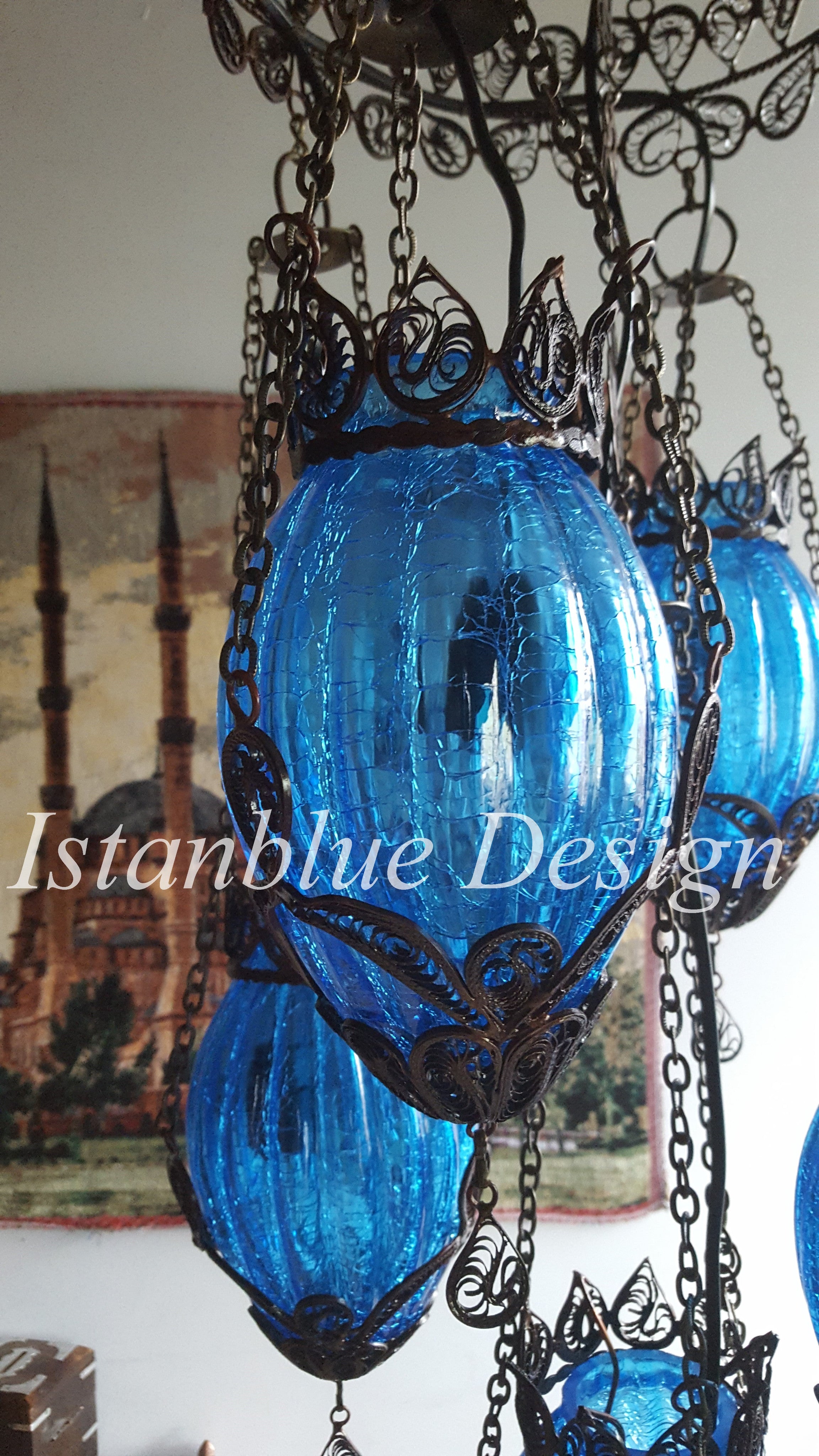 FILIGREE & BLOWN Glass Turkish Handmade 5 Globe Chandelier -  Mavi Krali