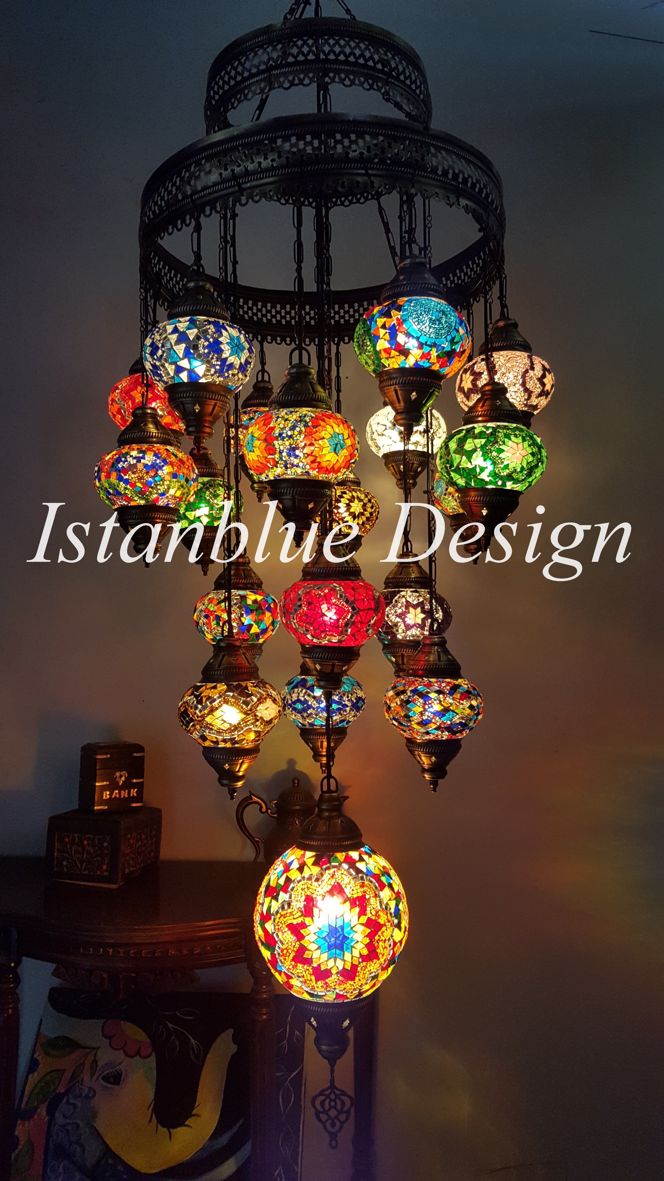 Turkish Handmade Mosaic 19 Globe Chandelier - Golden Horn ll