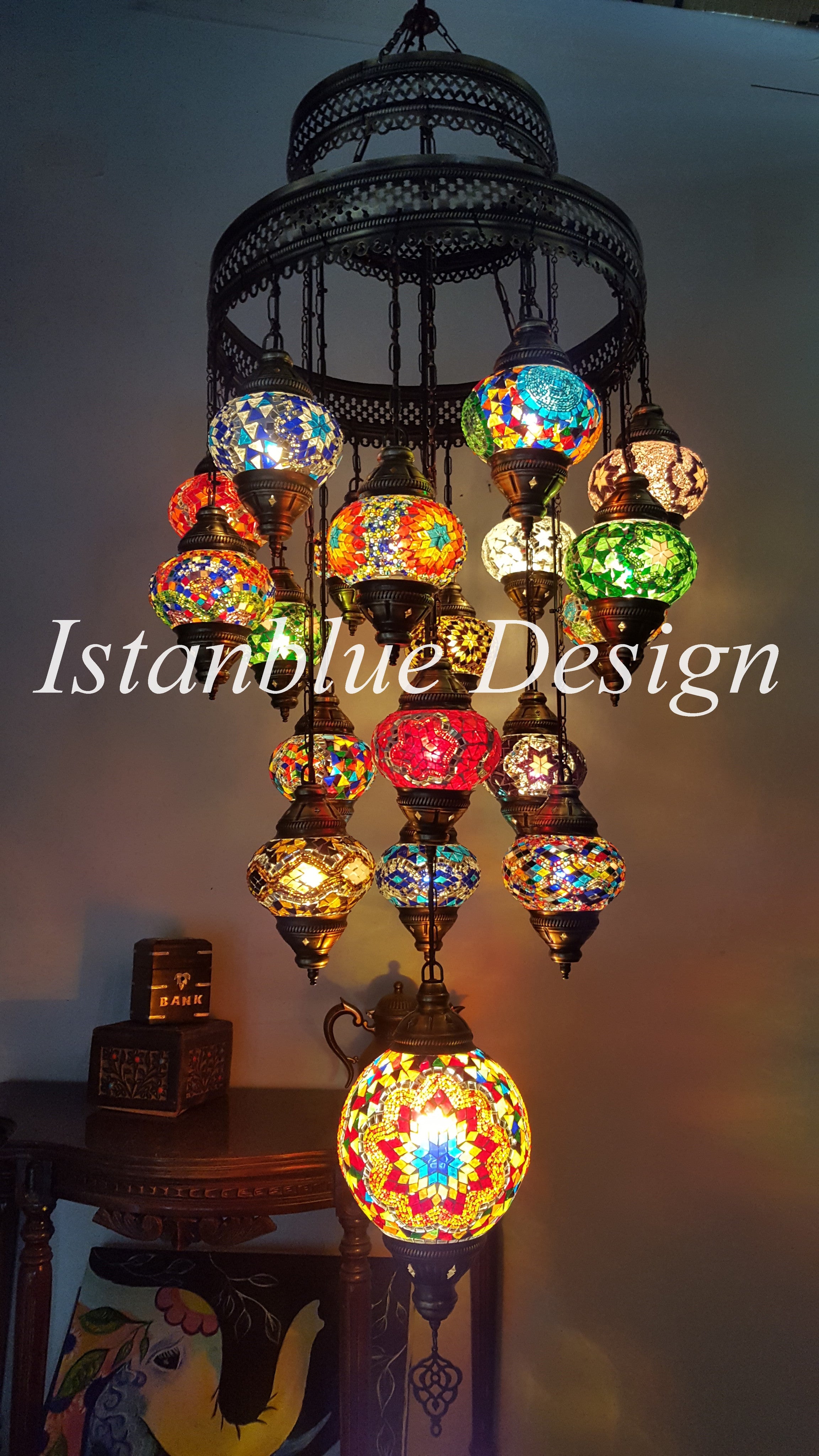 Turkish Handmade Mosaic 19 Globe Chandelier - Golden Horn ll