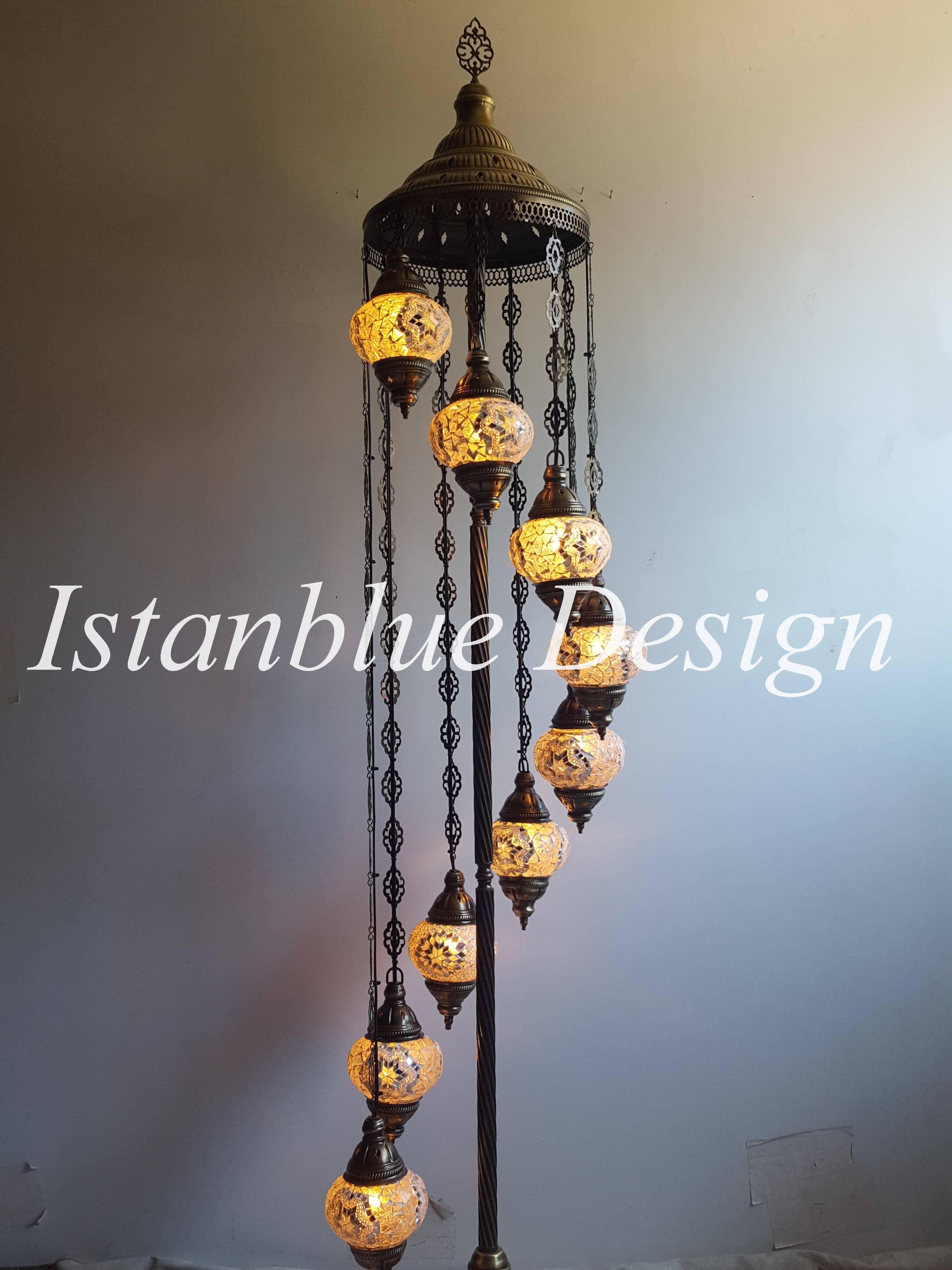 Turkish Handmade Mosaic 9 Globe Floor Lamp - Beyaz