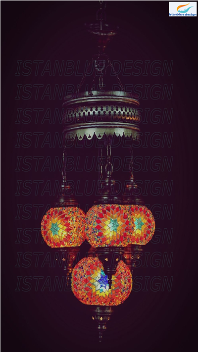 Turkish Handmade Mosaic 4 Globe Sultan Chandelier - Fire flower