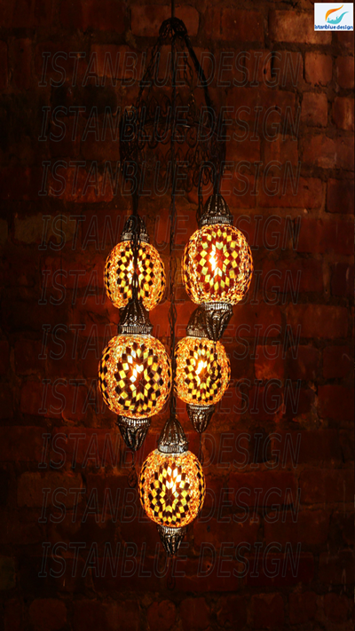 FILIGREE & BLOWN Glass Turkish Handmade Mosaic 5 Globe Chandelier