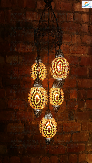 FILIGREE & BLOWN Glass Turkish Handmade Mosaic 5 Globe Chandelier