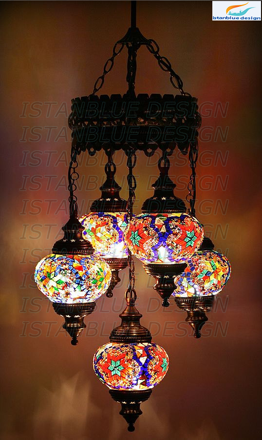 Turkish Handmade Mosaic 5 Globe Sultan Chandelier - Melez ll