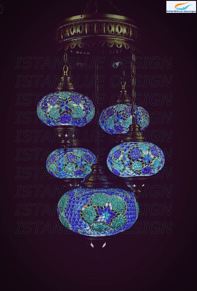 Turkish Handmade Mosaic 5 Globe Sultan Chandelier - Mavi Papatya