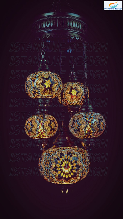 Turkish Handmade Mosaic 5 Globe Sultan Chandelier - Son Bahar