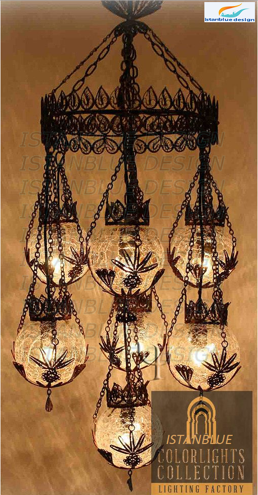 FILIGREE & BLOWN Glass Turkish Handmade 7 Globe Chandelier
