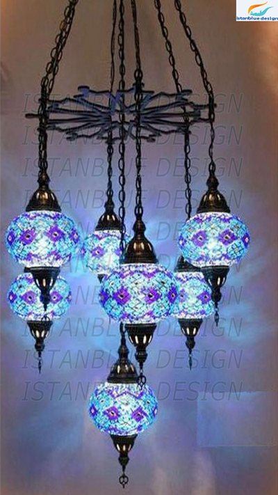 Turkish Handmade Mosaic 7 Globe Sultan Chandelier