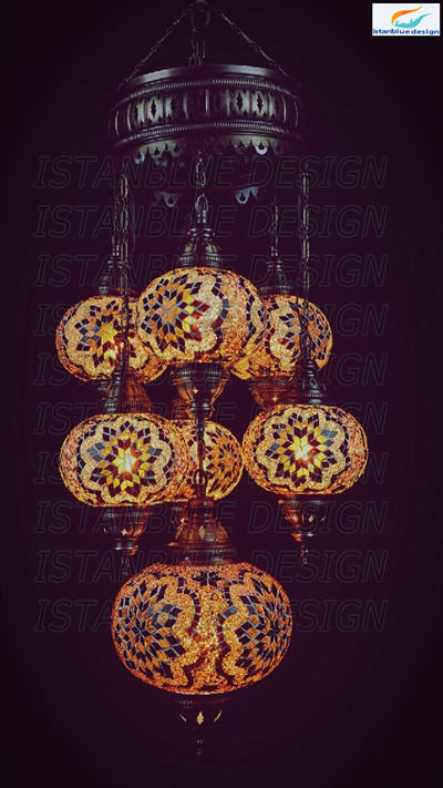 Turkish Handmade Mosaic 7 Globe Sultan Chandelier - Bal