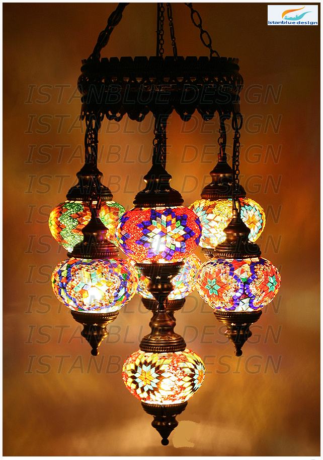 Turkish Handmade Mosaic 7 Globe Sultan Chandelier - Cikek