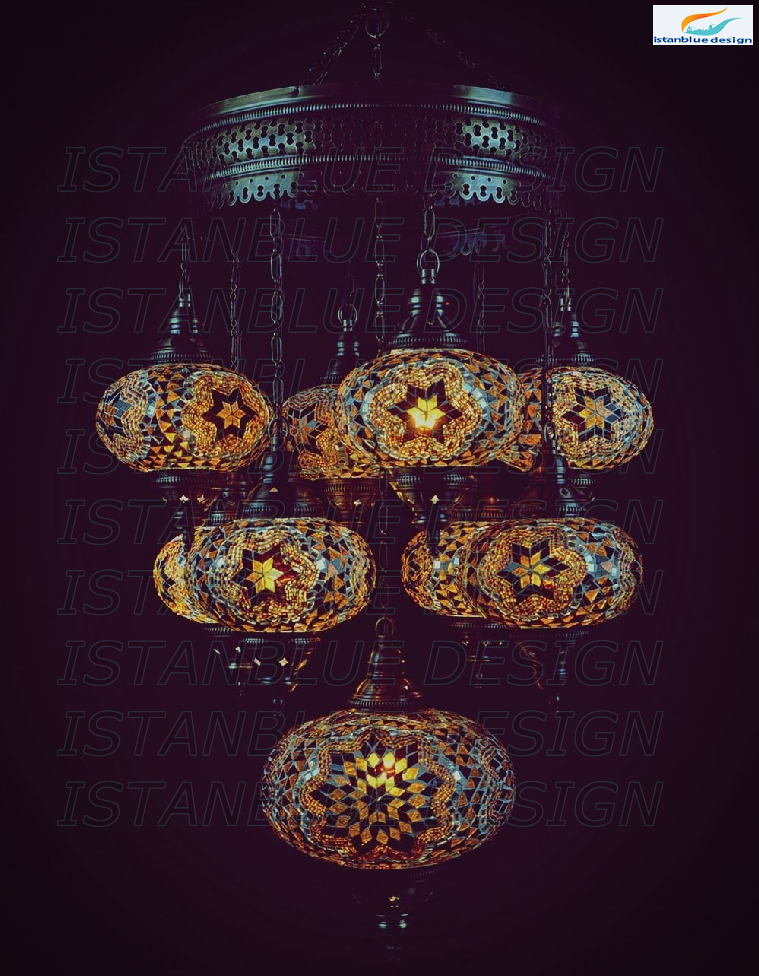 Turkish Handmade Mosaic 9 Globe Sultan Chandelier - Bal
