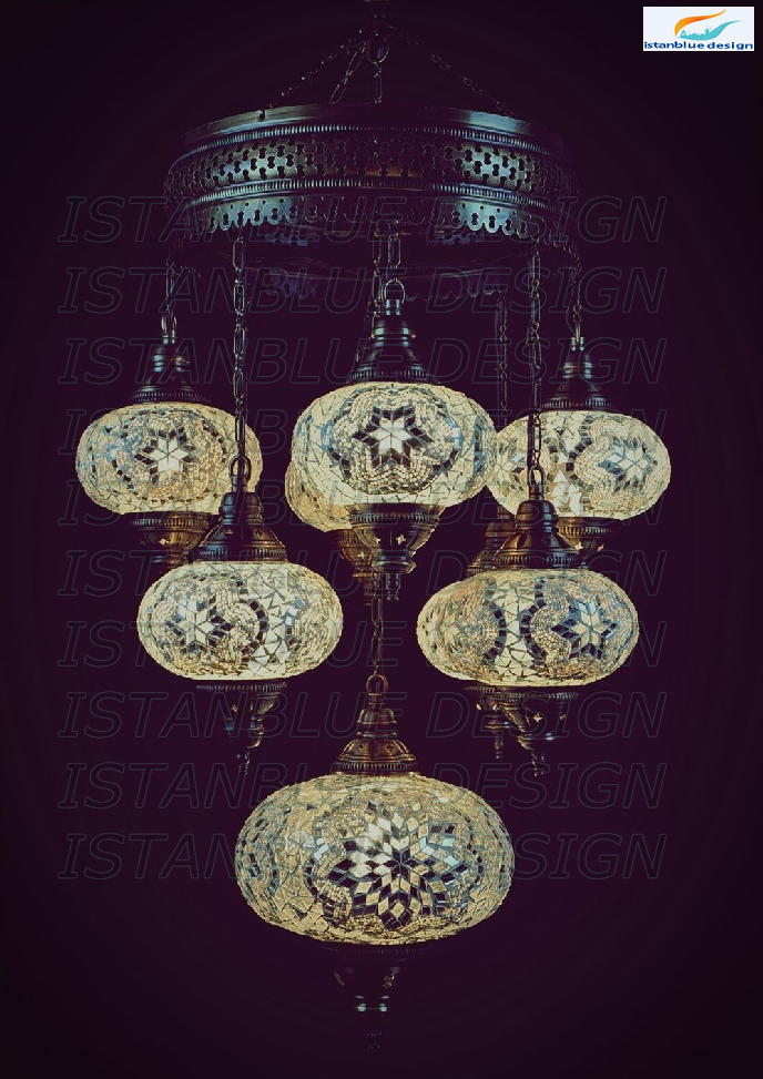 Turkish Handmade Mosaic 9 Globe Sultan Chandelier - Kar