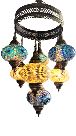Turkish Handmade Mosaic 7 Globe Chandelier - Kish